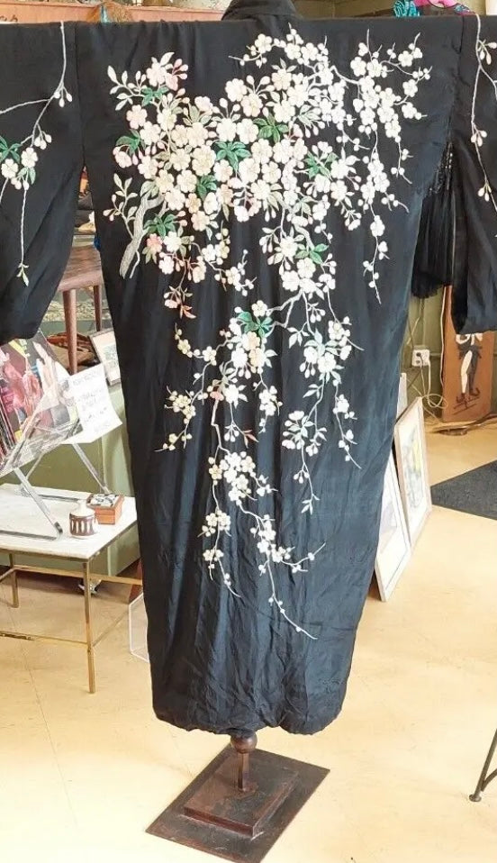 Embroidered black silk kimono